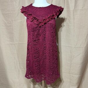 As U Wish Burgundy Lace Ruffle Yoke Mini Dress